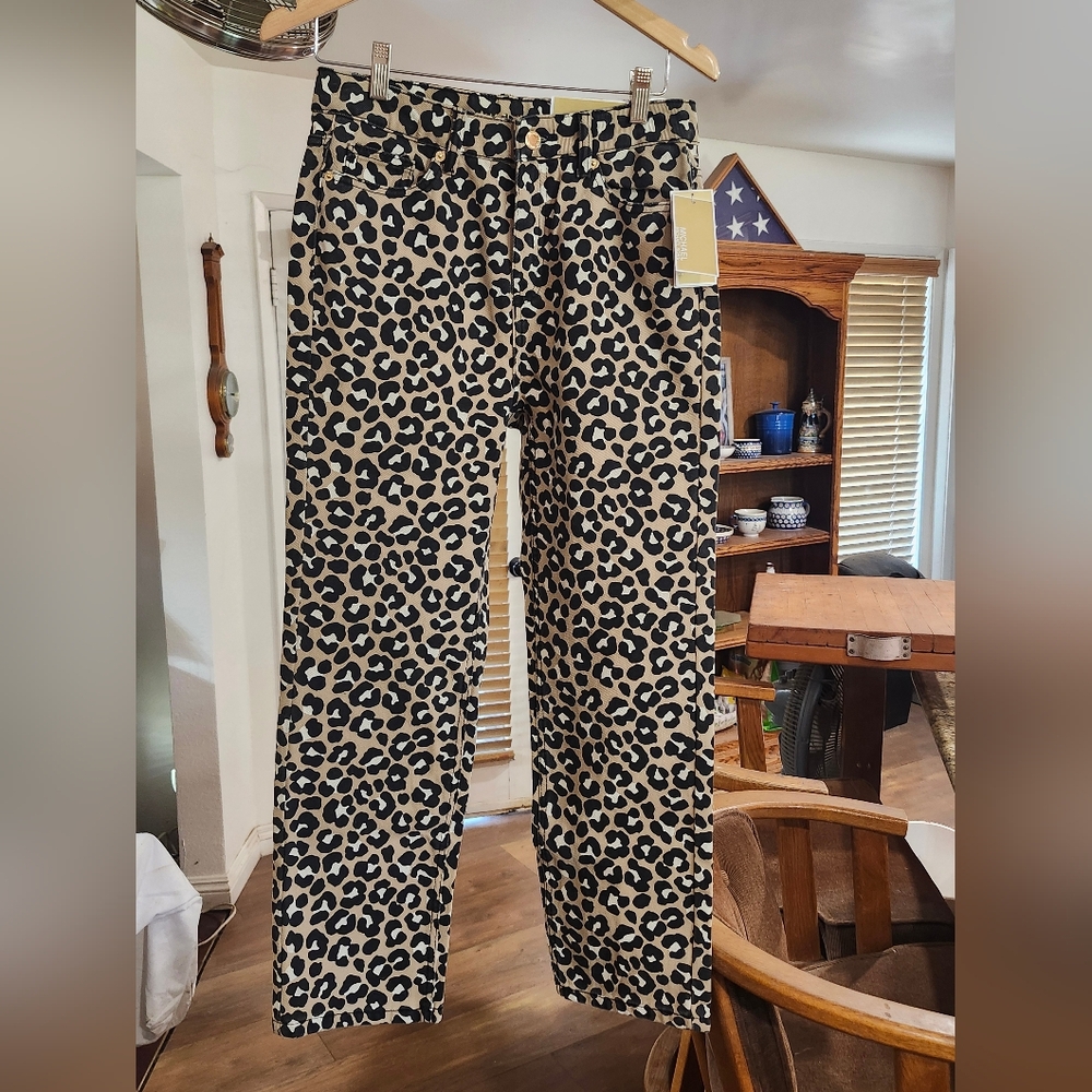 Michael Kors Straight Leg Zip Up Cheetah Pattern Khaki Denim Jeans Womens Size 2